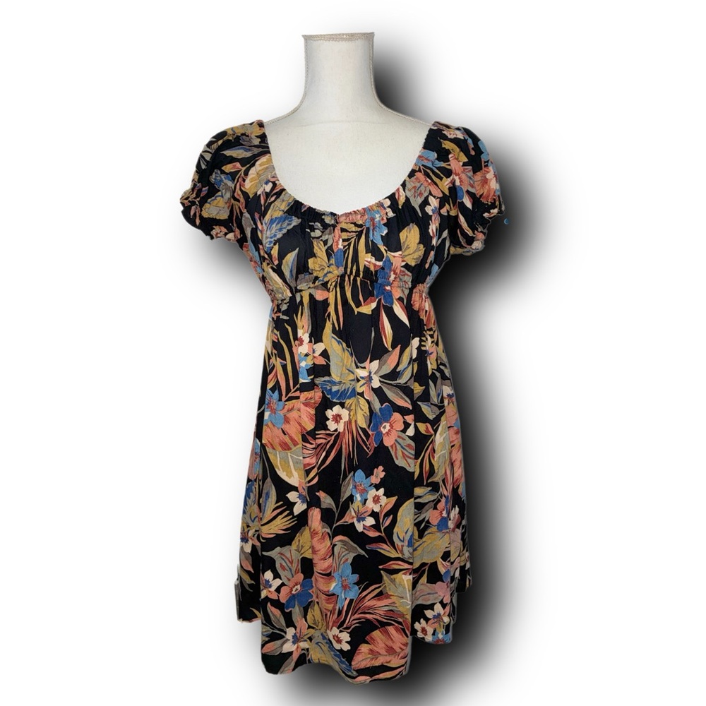 Angie Black Floral Mini Dress with Pink, Blue and Yellow Accents